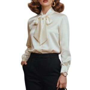 Vintage Koret Satin Ivory Striped Tie Front Top‎ Y2K NWT